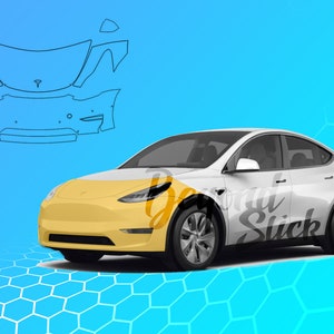 May include: A white Tesla Model Y with a yellow protective film covering the front bumper and hood. The car is on a blue and white honeycomb background. The image also includes a line drawing of the car's front end.
