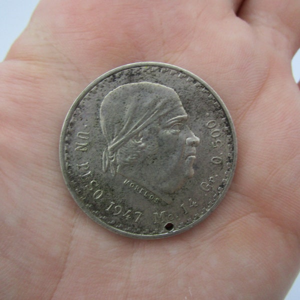 1947 Mexican Un Pesos 50 % Silver Necklace Pendant