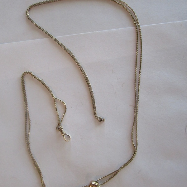 Antique 10K Gold 50" long Pocket Watch Chain Slide Necklace with Jeweled Fob Slide