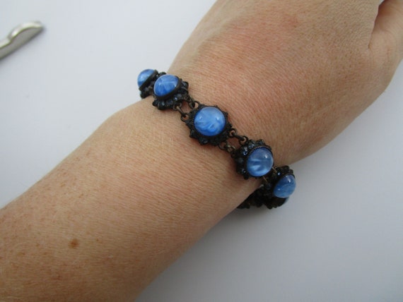 Antique Sapphire Art Glass & Rhinestone Fancy Ladies Bracelet