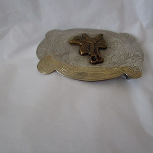 Vintage Engraved Nickle Silver Western Belt Buckle with Horse Saddle