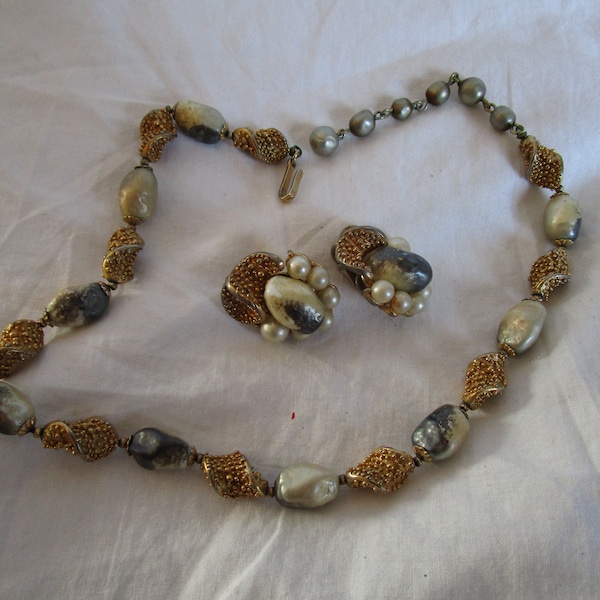 Old Designer Crown Trifari Haskell Style Necklace & Earring Set Baroque Pearls