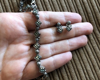 Retro Sterling Silver & Marcasite Fancy Bracelet and Matching Earrings Set