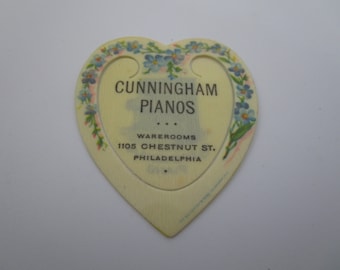 Rare Whitehead & Hoag Advertising Celluloid Bookmark Cunningham Pianos Heart Shaped