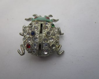 Antique Silver Tone Enameled & Rhinestone Beetle Ladybug Brooch