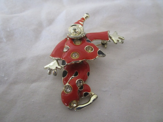 Vtg Mechanical Brooch Enamel & Rhinestones Clown … - image 1