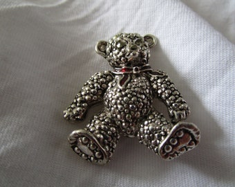 Vintage AAI Silver Tone Teddy Bear Brooch with Marcasite Eyes Enameled Red Bow