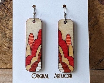 Misty Mountains-Crimson Handmade Wooden Earrings, Laser Cut Earrings