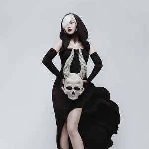Black Gothic Hooded Dress for Vampire Cosplay or Witch Clothing