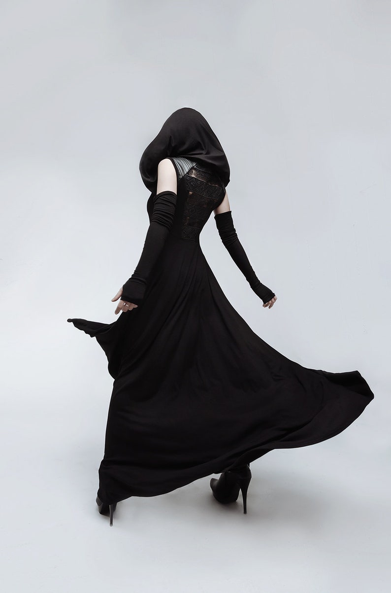 Black Gothic Hooded Dress For Vampire Cosplay Or Witch Etsy
