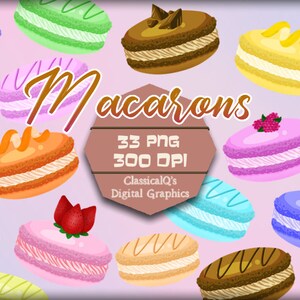 May include: A set of 33 digital illustrations of macarons in various colors and flavors. The macarons are 300 DPI and are perfect for use in digital scrapbooking, card making, and other craft projects.