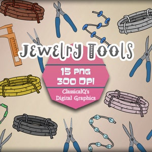 May include: A set of 15 digital illustrations of jewelry making tools, including wire, pliers, cutters, and beads. The illustrations are in a cartoon style and are perfect for crafting projects.
