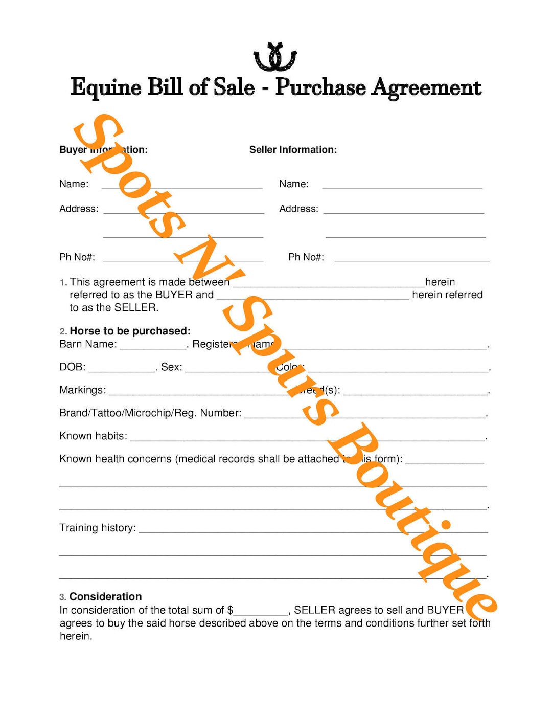 Horse/equine Bill of Sale Purchase Agreement Etsy