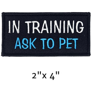 May include: A rectangular, navy blue embroidered patch with white and light blue text. The text reads "IN TRAINING ASK TO PET". The patch measures 2" x 4".