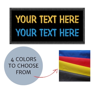 May include: Black embroidered patch with the text "YOUR TEXT HERE" in gold and blue. The image also shows a color palette with blue, red, yellow, and black fabric swatches, and the text "4 COLORS TO CHOOSE FROM".