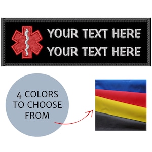 May include: Black rectangular patch with a red medical symbol and the text "YOUR TEXT HERE" in white. The image also shows a color palette with four color options to choose from.