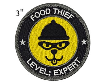 3-Inch Round Patch "FOOD THIEF - LEVEL: Expert" | Funny Patch for Dogs | Embroidered Patch for Dogs | Dog Vest Patch | Velcro Patch