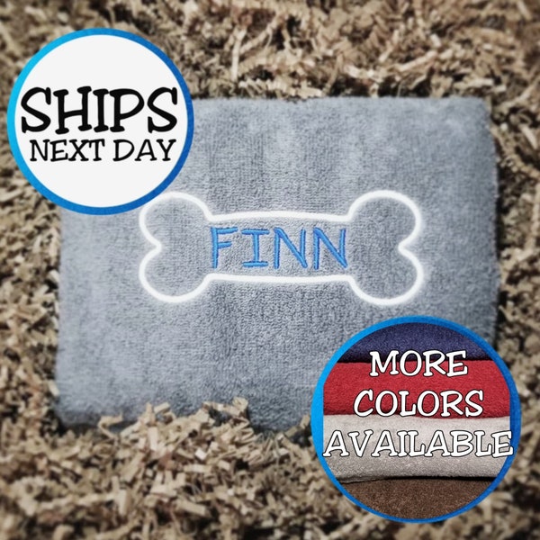 Personalized Dog Towel with Bone Design, Embroidered Puppy Towel with Name