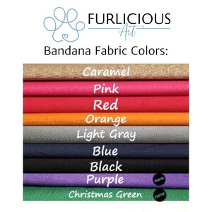 May include: Image showcasing a variety of bandana fabric colors. The colors include caramel, pink, red, orange, light gray, blue, black, purple, and Christmas green. The text "Bandana Fabric Colors" is displayed above the color swatches.