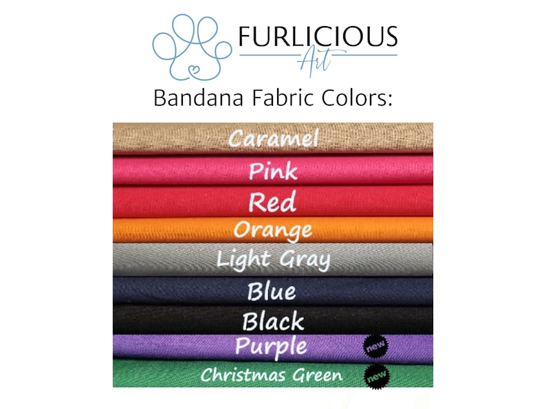 May include: Image showcasing a variety of bandana fabric colors. The colors include caramel, pink, red, orange, light gray, blue, black, purple, and Christmas green. The text "Bandana Fabric Colors" is displayed above the color swatches.