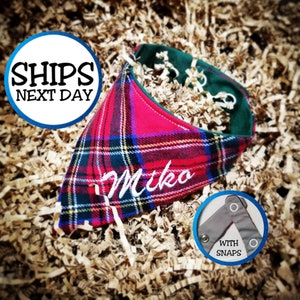 Personalized Dog Bandana with Red and Green Flannel, Cat Bandana, Christmas Bandana, Snap on Bandana, Red Bandana, Flannel Bandana, Pet Gift