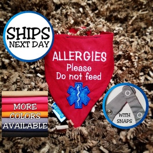 Personalized Dog Bandana with Warning for Allergies, Puppy Bandana, Pet Bandana, Warning Bandana, Snap on Bandana, Do Not Feed Dog Bandana