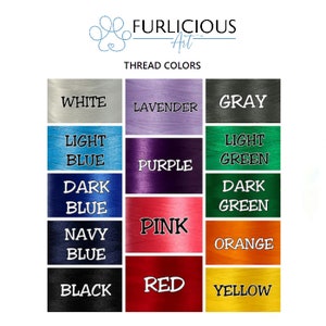 May include: Image showcasing a color chart of thread options. The chart displays various thread colors, including white, lavender, gray, light blue, purple, light green, dark blue, pink, dark green, navy blue, red, orange, black, and yellow. The text "Furlocious Art" and "Thread Colors" are also visible.