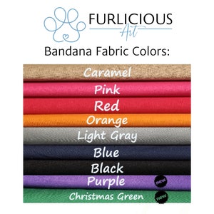 May include: Image showcasing a variety of bandana fabric colors. The colors include caramel, pink, red, orange, light gray, blue, black, purple, and Christmas green. The text "Bandana Fabric Colors" is displayed above the color swatches.