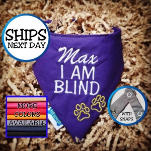 May include: A purple dog bandana with the embroidered text "Max I AM BLIND" in white. Two yellow paw prints are below the text. The bandana has snaps and is available in multiple colors.