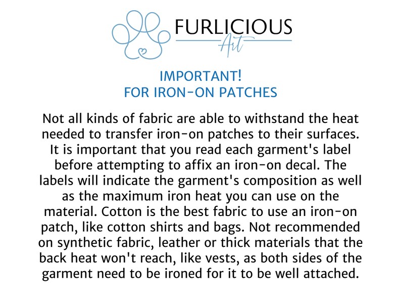 Puede incluir: Fondo blanco con texto sobre parches termoadhesivos. El texto incluye el logotipo de Furlocious Art, las palabras "IMPORTANT! FOR IRON-ON PATCHES" e instrucciones sobre tipos de tejido y ajustes de calor.