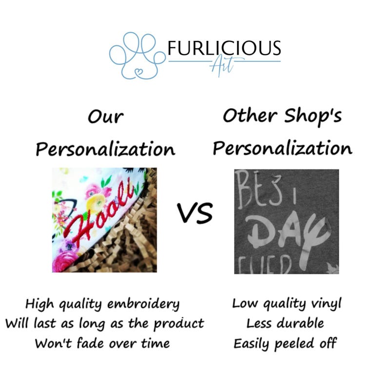 May include: Comparison image showing "Our Personalization" with high-quality embroidery and "Other Shop's Personalization" with low-quality vinyl. The text highlights durability differences, emphasizing longevity and resistance to fading.