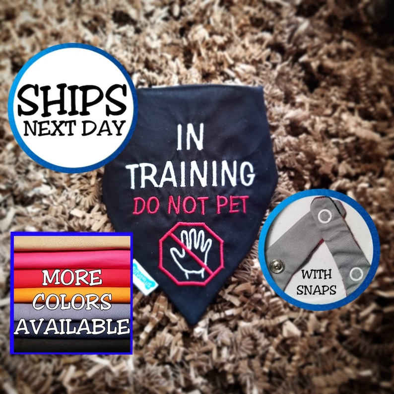 Puede incluir: Bandana negra para perros con texto bordado en blanco "IN TRAINING DO NOT PET". Presenta un s&iacute;mbolo rojo y blanco de "no acariciar". Incluye cierre de broche y una tabla de colores con opciones disponibles.