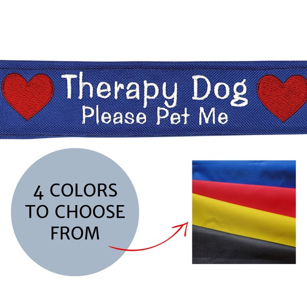 Embroidered Dog leash Wrap: "Therapy Dog - Please Pet Me" Text and Hearts | A Leash Sleeve for Therapy Dogs