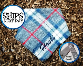 Personalized Dog Bandana with Blue & Red Plaid Fringed Style | Premium Embroidered Pet Wearable