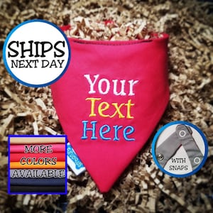 May include: A red dog bandana with the embroidered text "Your Text Here" in white, yellow, and blue. The bandana has snaps and is available in multiple colors. The image also includes the text "Ships Next Day".