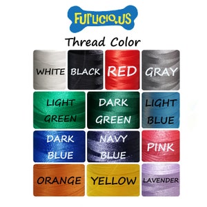 Puede incluir: Una carta de colores que muestra los colores del hilo, incluyendo blanco, negro, rojo, gris, verde claro, verde oscuro, azul claro, azul oscuro, azul marino, rosa, naranja, amarillo y lavanda. El texto "Thread Color" est&aacute; encima de las muestras de color, y el logo "FUPLICIOUS" est&aacute; en la parte superior.