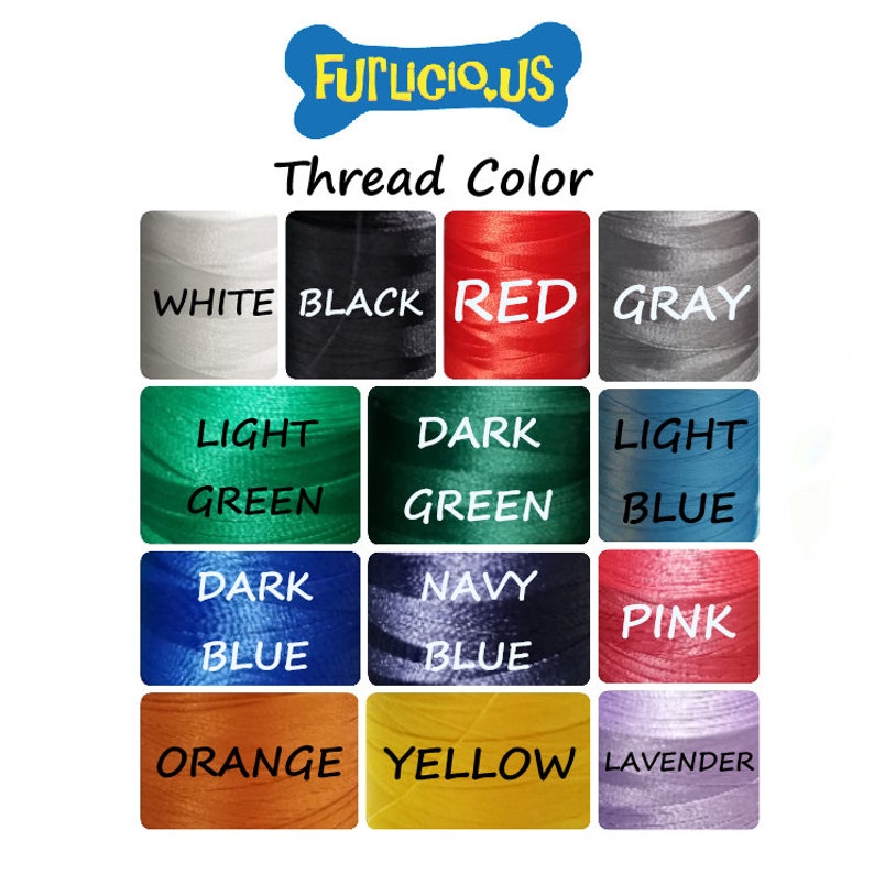 Puede incluir: Una carta de colores que muestra los colores del hilo, incluyendo blanco, negro, rojo, gris, verde claro, verde oscuro, azul claro, azul oscuro, azul marino, rosa, naranja, amarillo y lavanda. El texto "Thread Color" est&aacute; encima de las muestras de color, y el logo "FUPLICIOUS" est&aacute; en la parte superior.