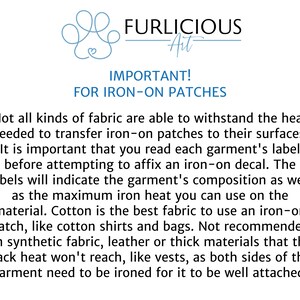 May include: White background with text about iron-on patches. The text includes the brand name "Furlocious Art" and instructions on fabric types suitable for iron-on patches, such as cotton shirts and bags. It also warns against using synthetic fabrics.