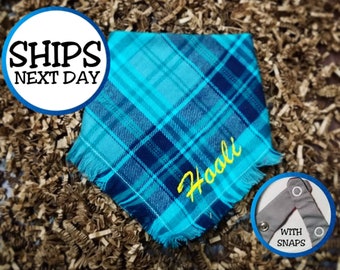 Personalized Dog Bandana with Plaid Fringed Style - Blue, Cat Bandana, Flannel Bandana, Snap on Bandana, Fall Bandana, Gift for Pets