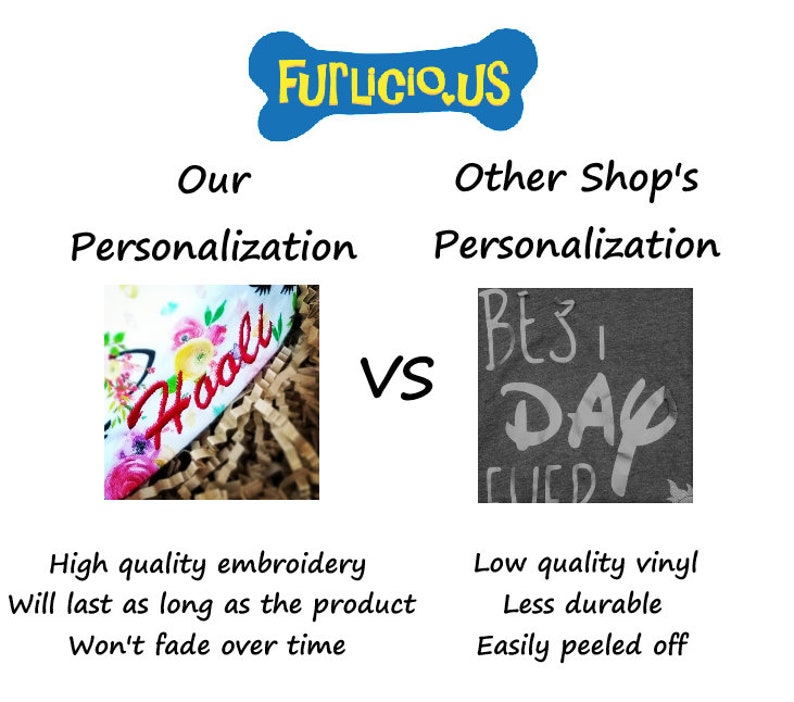 May include: A comparison image with the text "FURULICIOUS.US" in a blue dog bone shape. It contrasts "Our Personalization" with high-quality embroidery that lasts, versus "Other Shop's Personalization" with low-quality vinyl that peels off.