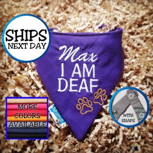 Personalized Deaf Dog Bandana with Paw Design, Cat Bandana, Pet Bandana, Puppy Bandana, for Deaf Pets, Snap on Bandana, Gift for Pets