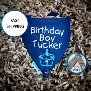May include: A navy blue dog bandana with white embroidered text that reads "Birthday Boy Tucker". A cupcake with a candle and the number 1 is embroidered below the name. The bandana has snaps for easy closure.