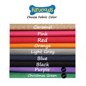 May include: Image displays a selection of fabric colors, including caramel, pink, red, orange, light gray, blue, black, purple, and Christmas green. The text "Choose Fabric Color" is above the color swatches, with the logo "FUTLICIOUS.US" at the top.