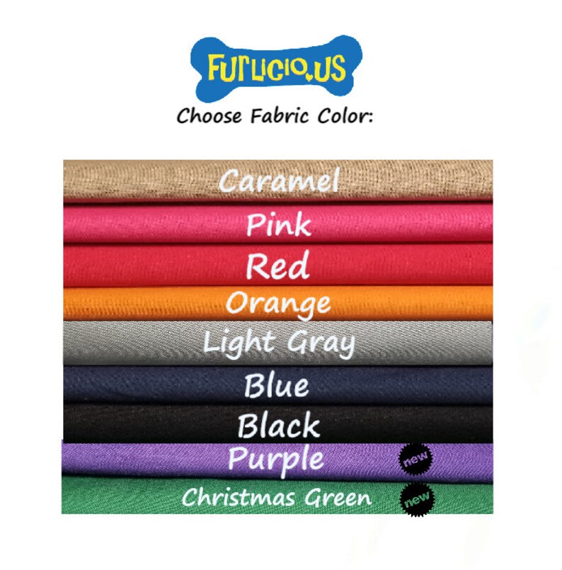 May include: Image displays a selection of fabric colors, including caramel, pink, red, orange, light gray, blue, black, purple, and Christmas green. The text "Choose Fabric Color" is above the color swatches, with the logo "FUTLICIOUS.US" at the top.