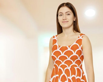 Japanese Koinobori Inspired Scale Pattern Orange & White Geometric Pattern Women's Skater Dress (AOP) Groovy Pattern