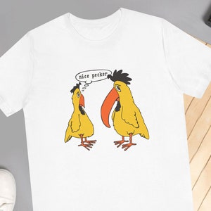 Funny Retro Novelty T-Shirt for Him "Nice Pecker" Cartoon Birds Graphic Tee Humorous Gift Idea for Boyfriend or Husband Vintage Style Shirt