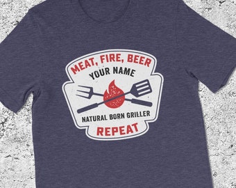 Meat, Fire, Beer, Repeat Natural Born Grillers! — Personalized Barbecue TShirt BBQ Family T Shirt Pitmaster Dad BBQ Gift Tees For Him