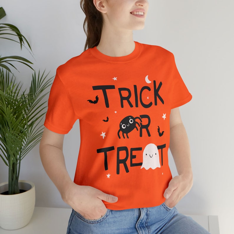 Trick or Treat Cute Fun Ghost & Spider Halloween Unisex Jersey Short Sleeve Tee For Him Party Time Shirt for Her Celebration Tshirt image 2