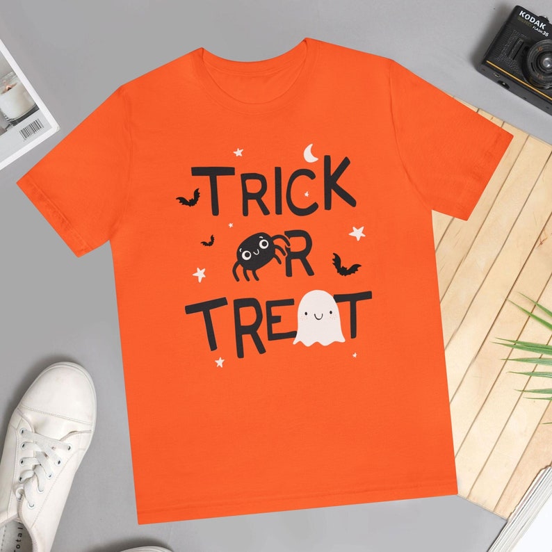 Trick or Treat Cute Fun Ghost & Spider Halloween Unisex Jersey Short Sleeve Tee For Him Party Time Shirt for Her Celebration Tshirt image 1