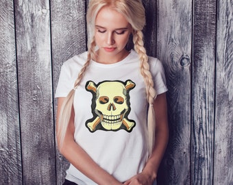 Retro Glo-Skull Halloween T Shirt for Him Seventies Style Cool Trick or Treat Top for Her Witch Tee All Hallows Eve Humor Gift for Teens